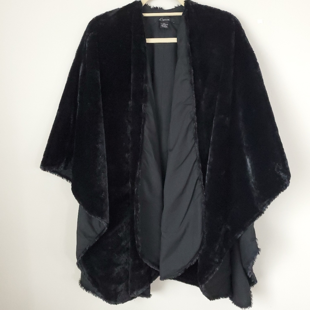 Cejon Faux Fur Black Cape Open Front Black Wrap Women's One Size